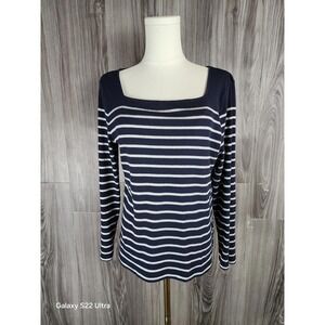 Chaps Women's Navy Metallic Striped Square Neck Sweater Size Large